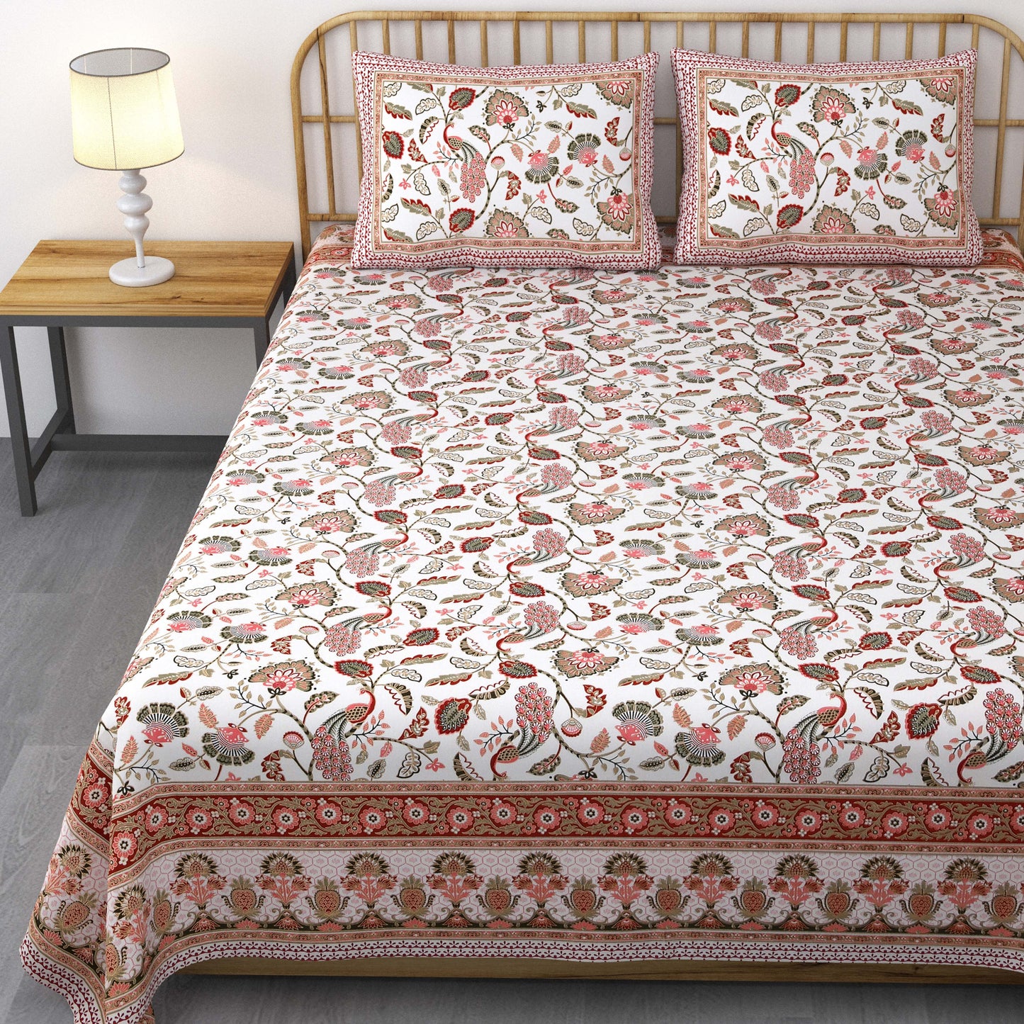 Pure Cotton Printed Bedsheet- Double Bed -Golden Pink Peacock