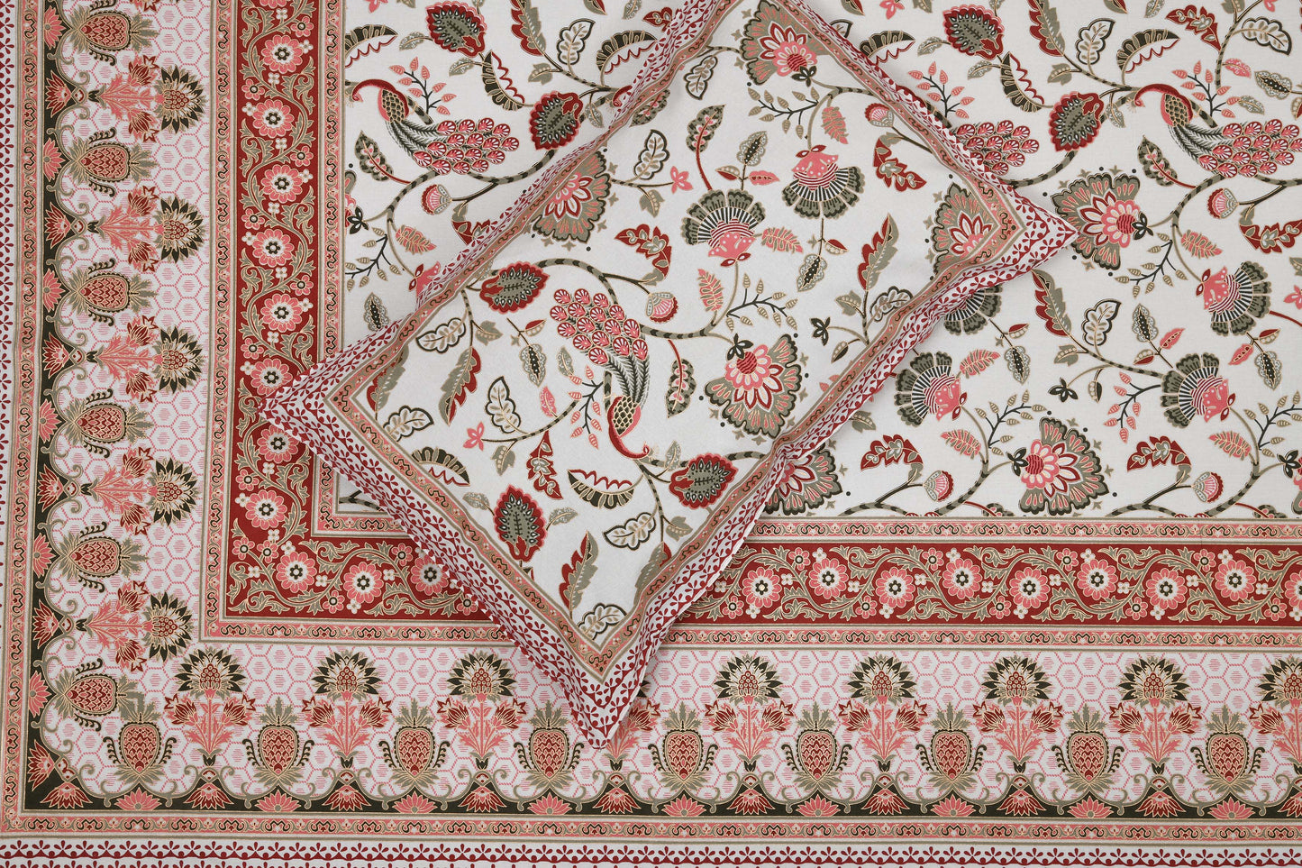 Pure Cotton Printed Bedsheet- Double Bed -Golden Pink Peacock