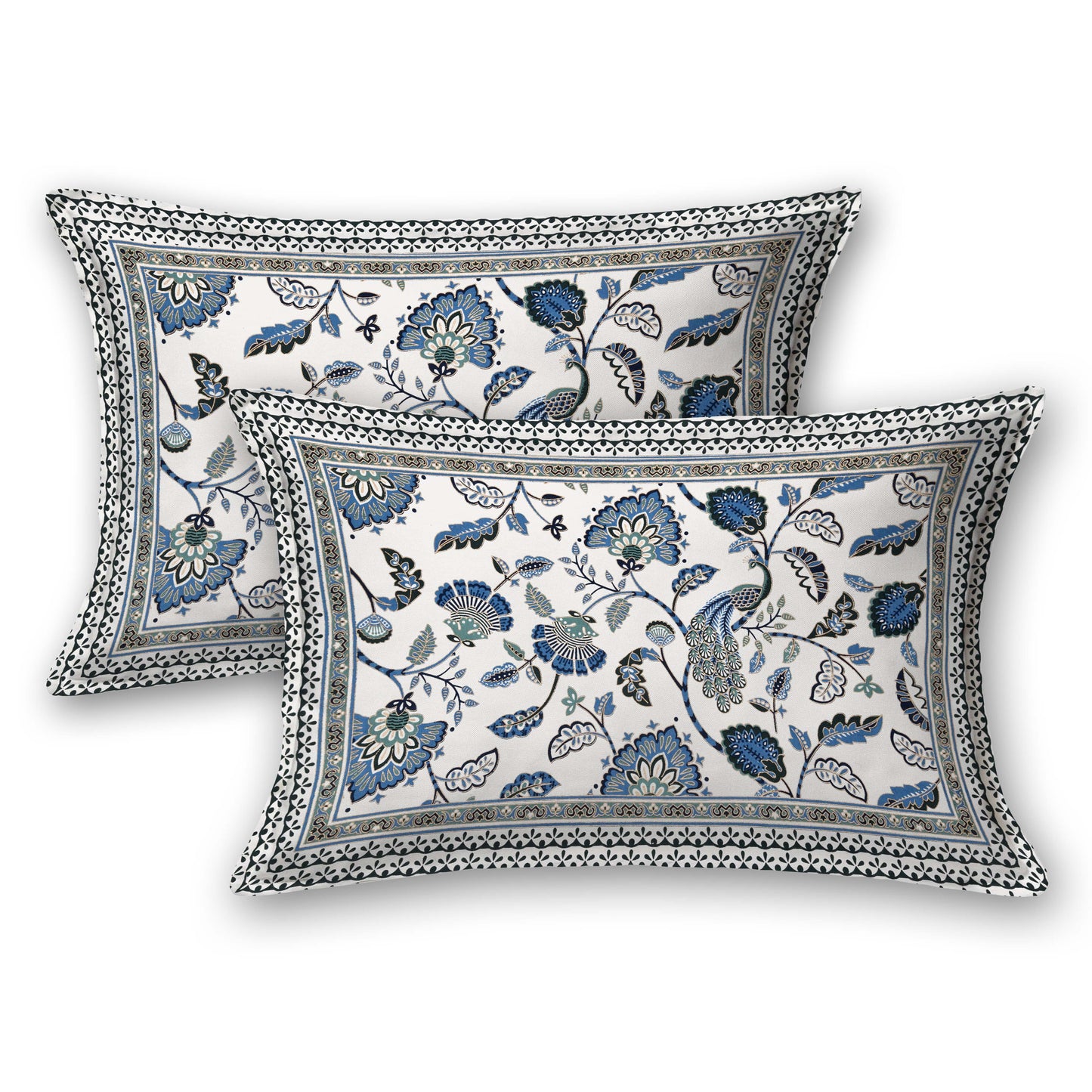 Pure Cotton Printed Bedsheet- Double Bed -Golden Blue Peacock