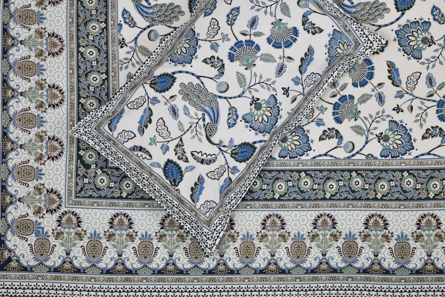 Pure Cotton Printed Bedsheet- Double Bed -Golden Blue Peacock
