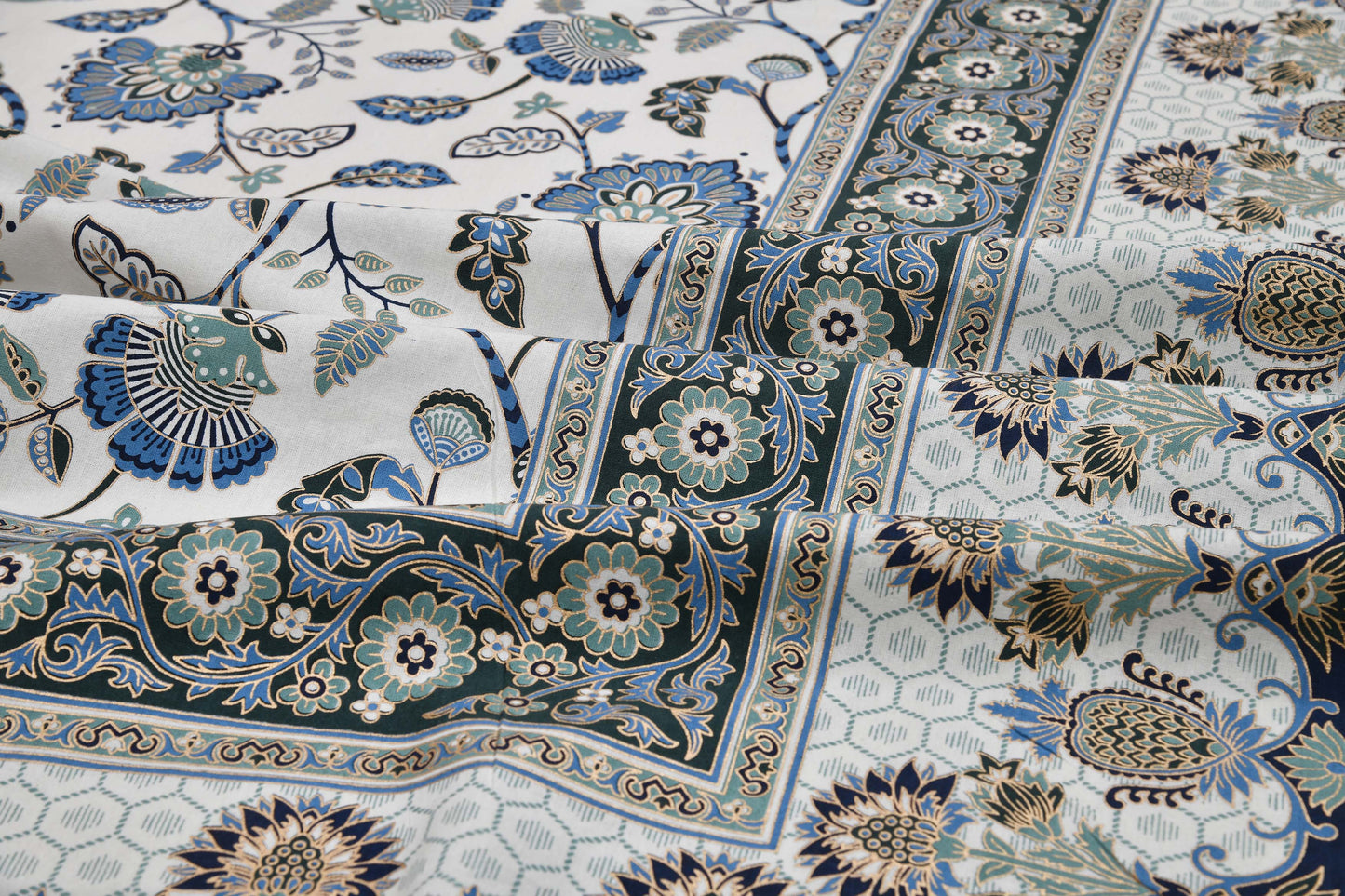 Pure Cotton Printed Bedsheet- Double Bed -Golden Blue Peacock