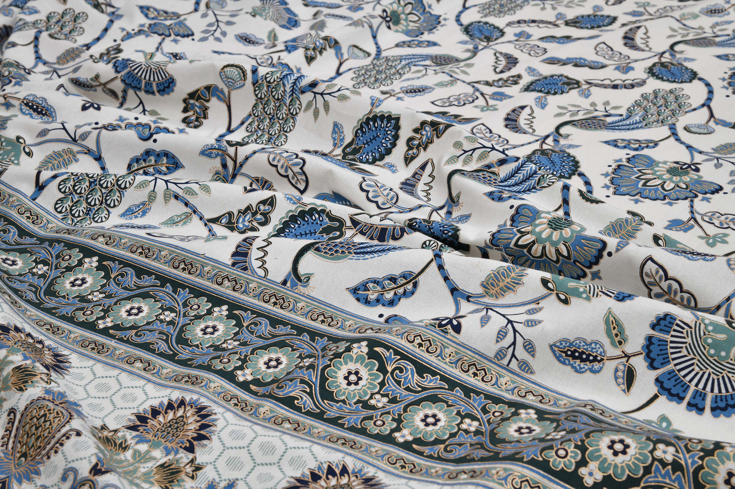 Pure Cotton Printed Bedsheet- Double Bed -Golden Blue Peacock