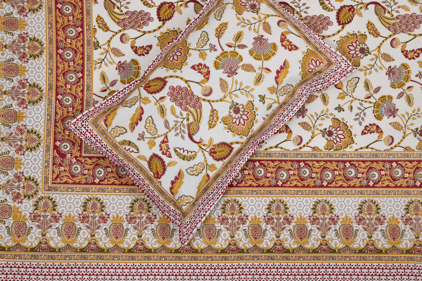 Pure Cotton Printed Bedsheet- Double Bed - Golden Yellow Peacock