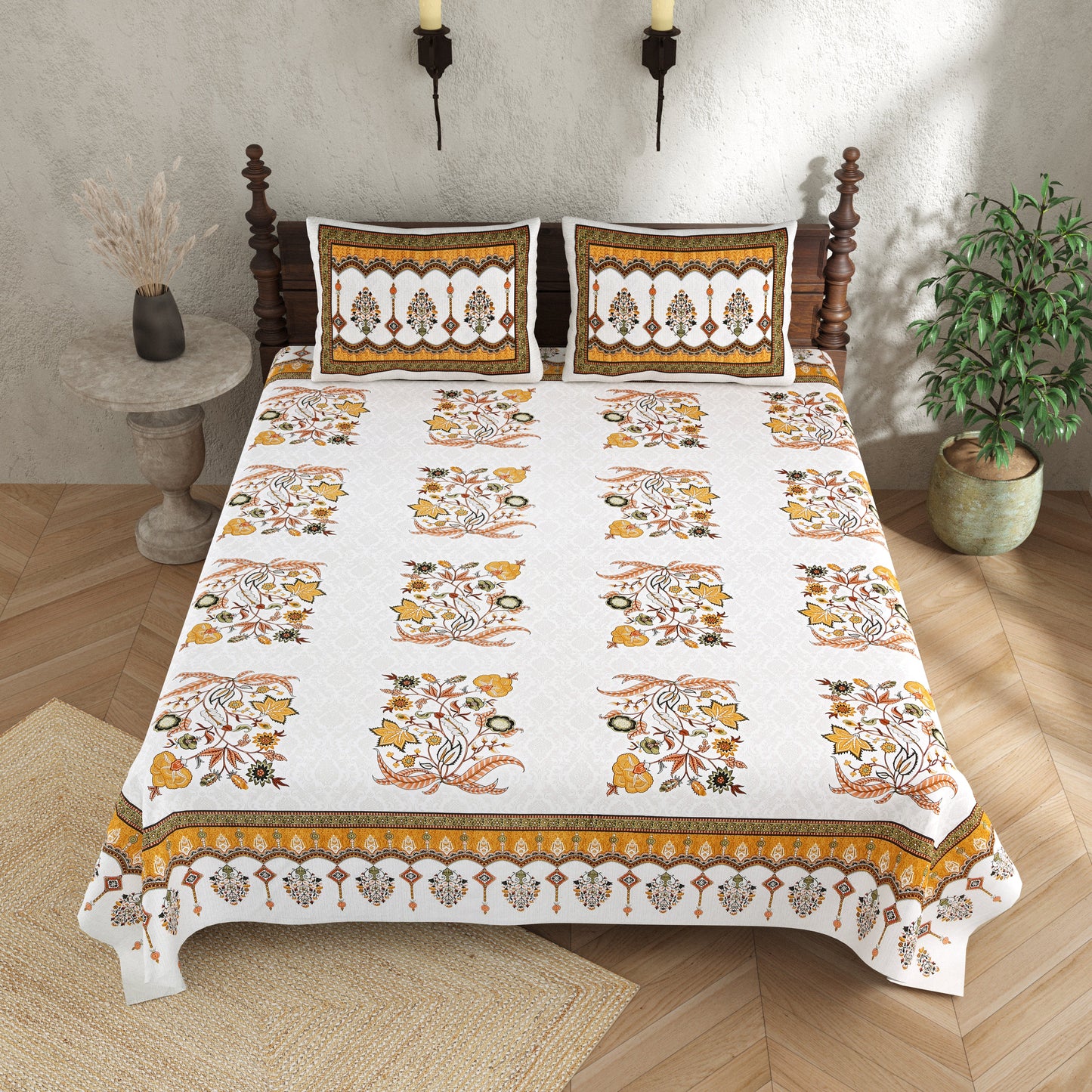 Pure Cotton Print Bedsheet-Double Bed-Mughal Buta-Yellow