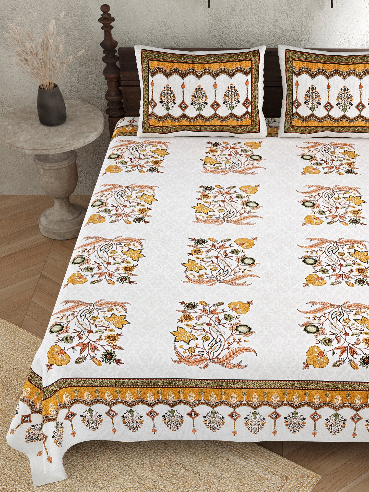 Pure Cotton Print Bedsheet-Double Bed-Mughal Buta-Yellow