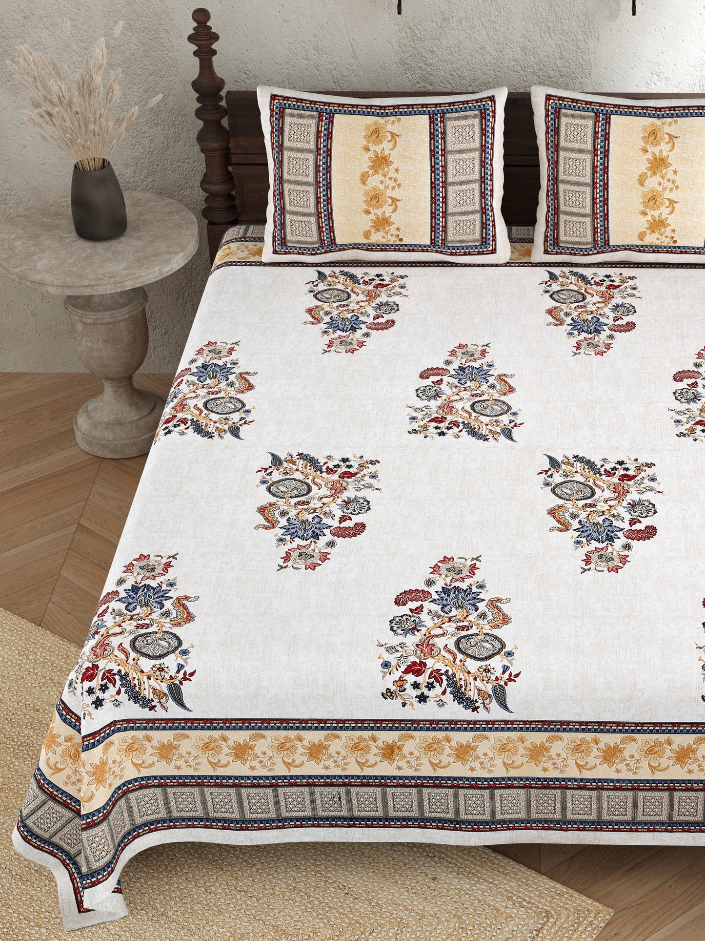Pure Cotton Print Bedsheet - Double Bed - Bel Buta - Yellow n Multi