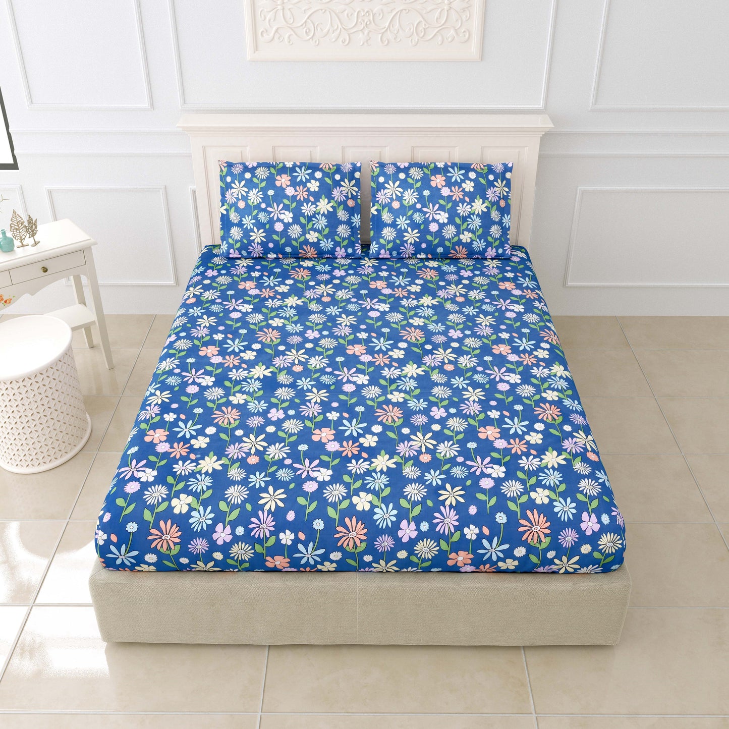Printed Bedsheet- Double Bed -Blue Floral