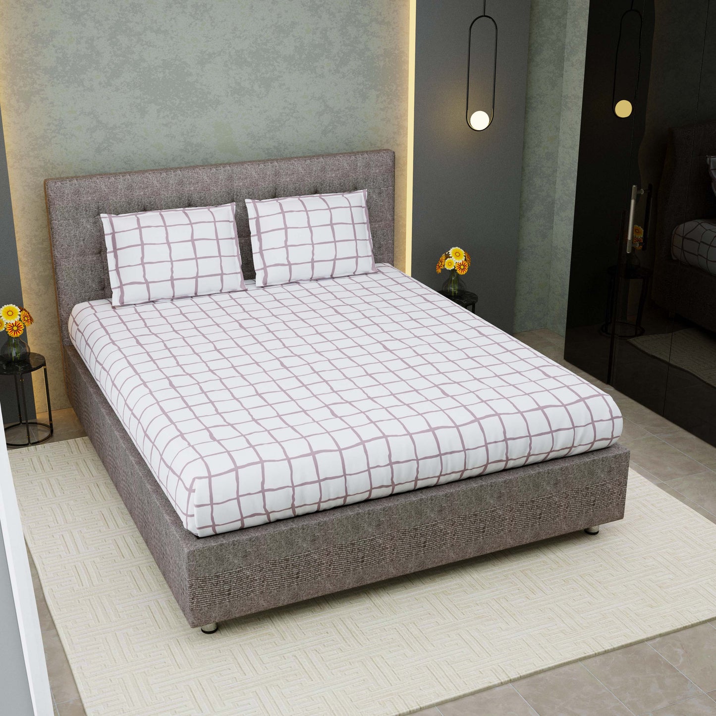 Pure Cotton Printed Bedsheet- Double Bed -Check Pink