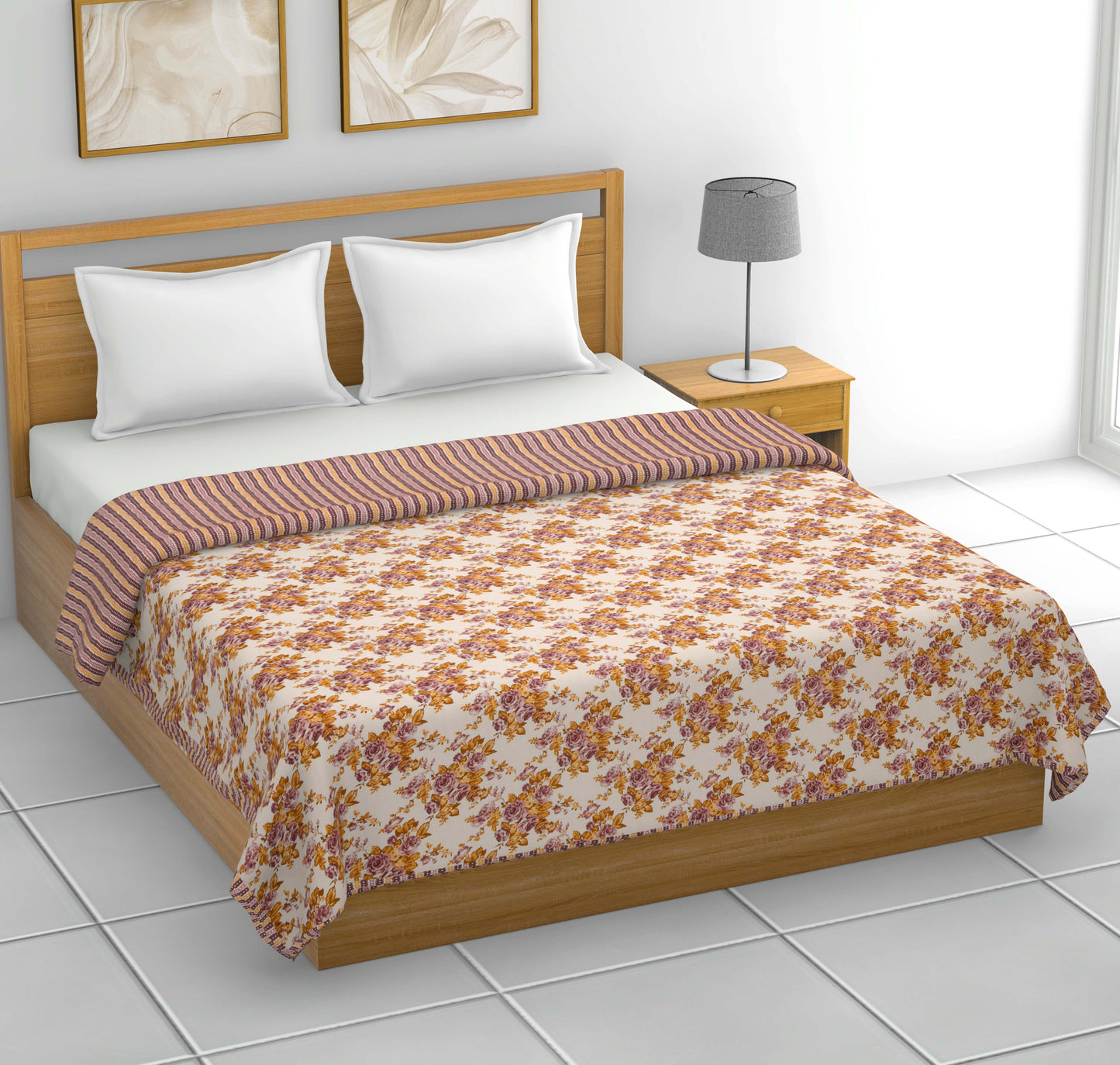 Dohar Cotton-Double Bed- Rose Bouquet Purple N Brown