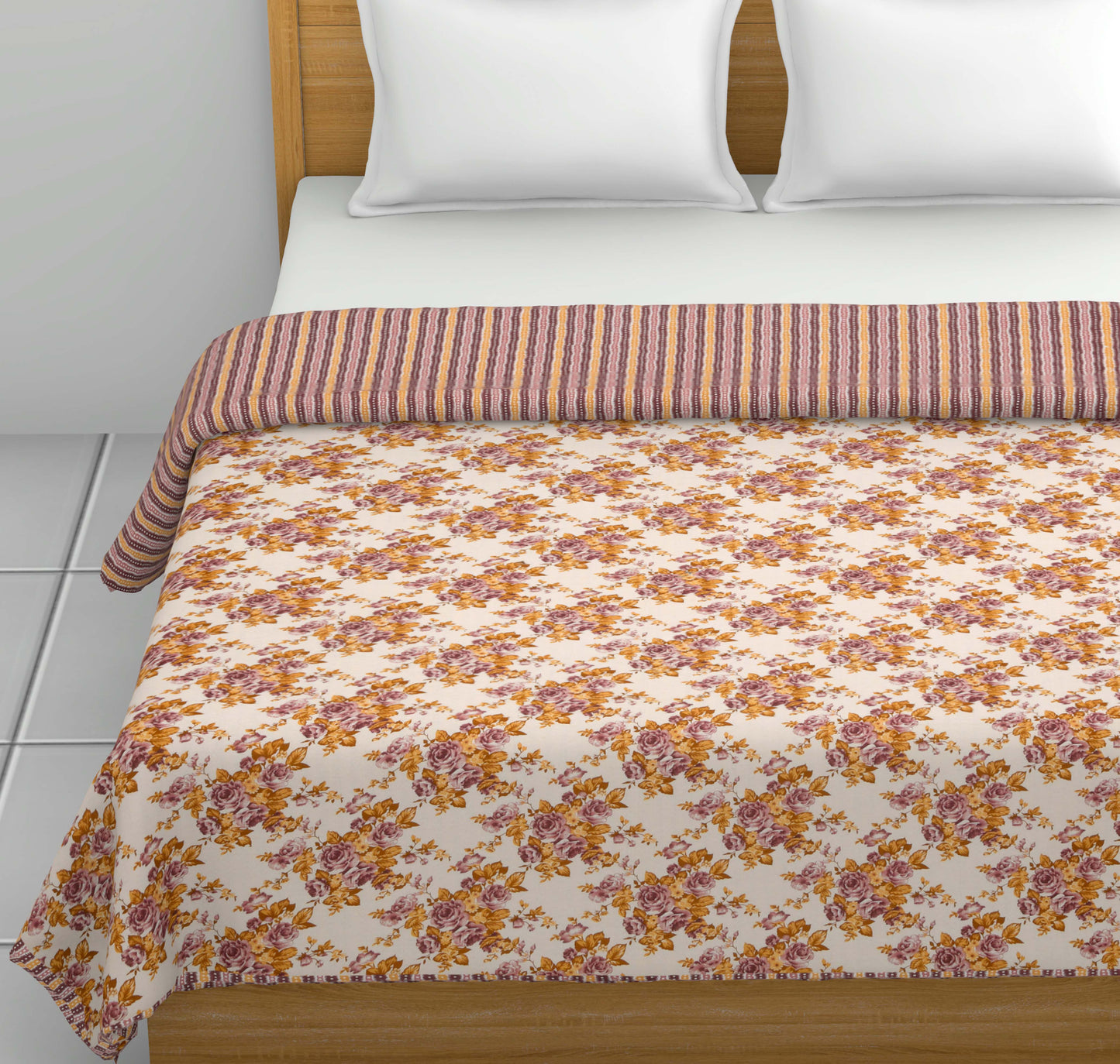 Dohar Cotton-Double Bed- Rose Bouquet Purple N Brown