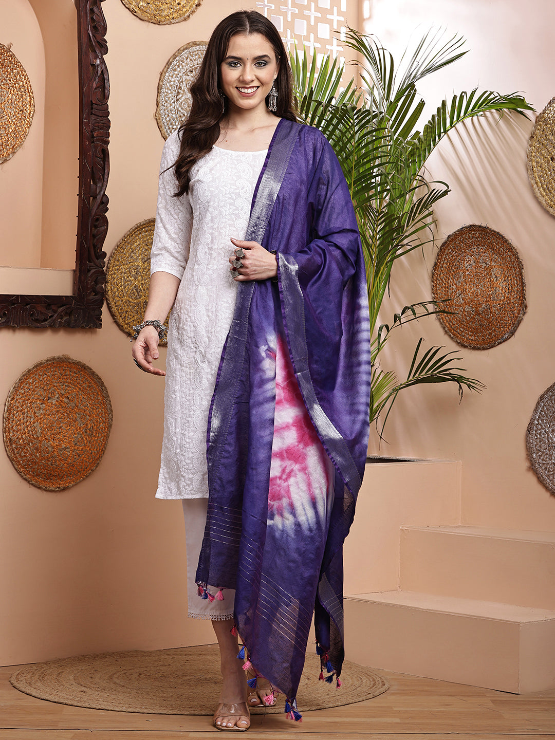 Dupatta- Shibori - Blue n White n Pink
