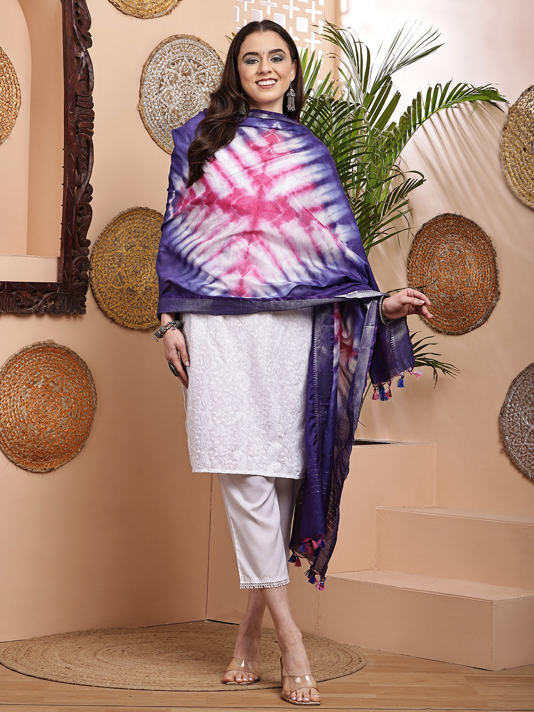 Dupatta- Shibori - Blue n White n Pink