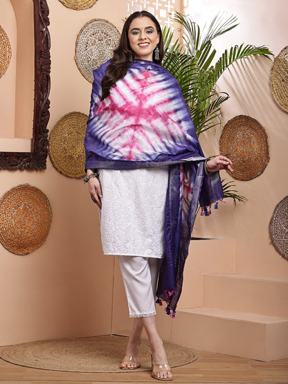 Dupatta- Shibori - Blue n White n Pink