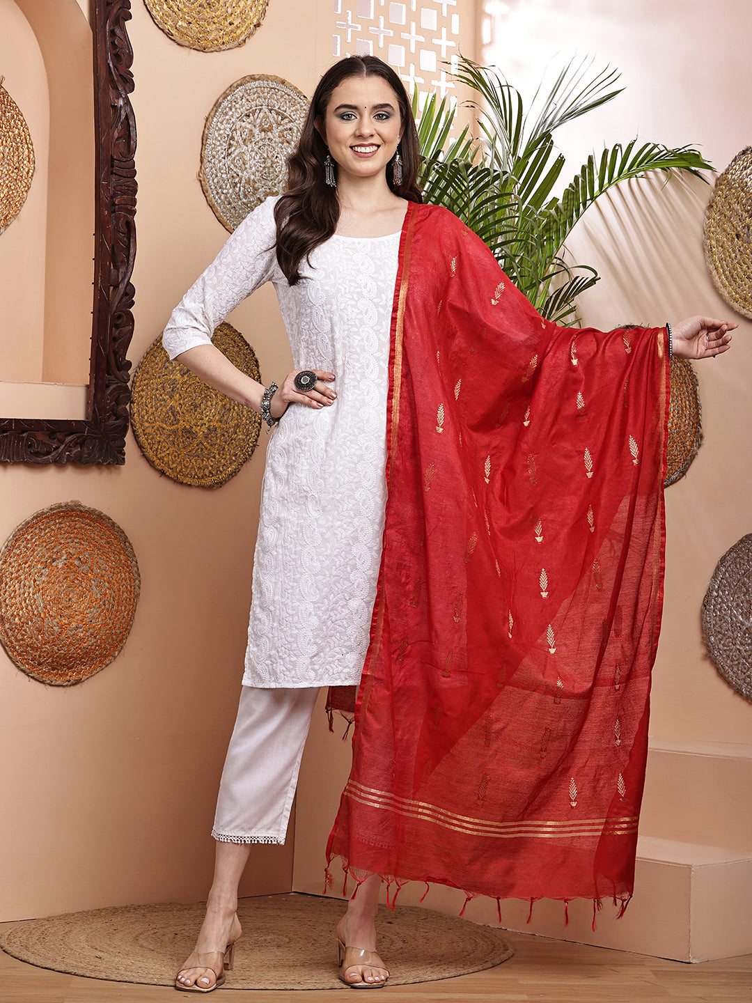 Dupatta- Cotton Viscose -Red Gold Zari-Tree