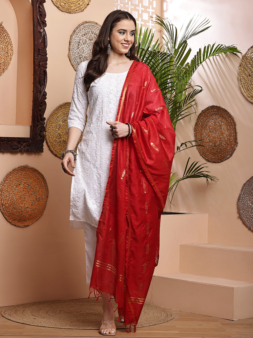 Dupatta- Cotton Viscose -Red Gold Zari-Tree
