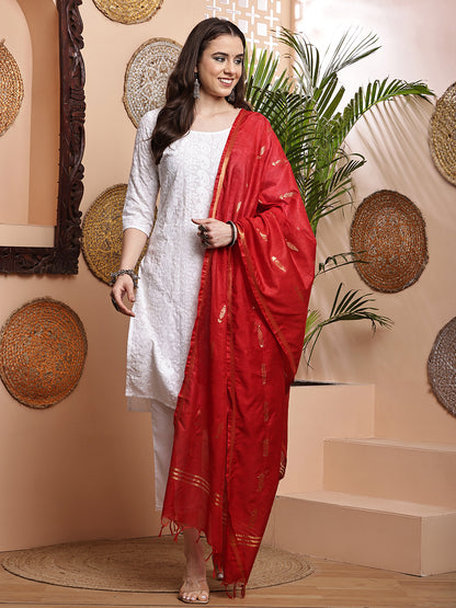 Dupatta- Cotton Viscose -Red Gold Zari-Tree
