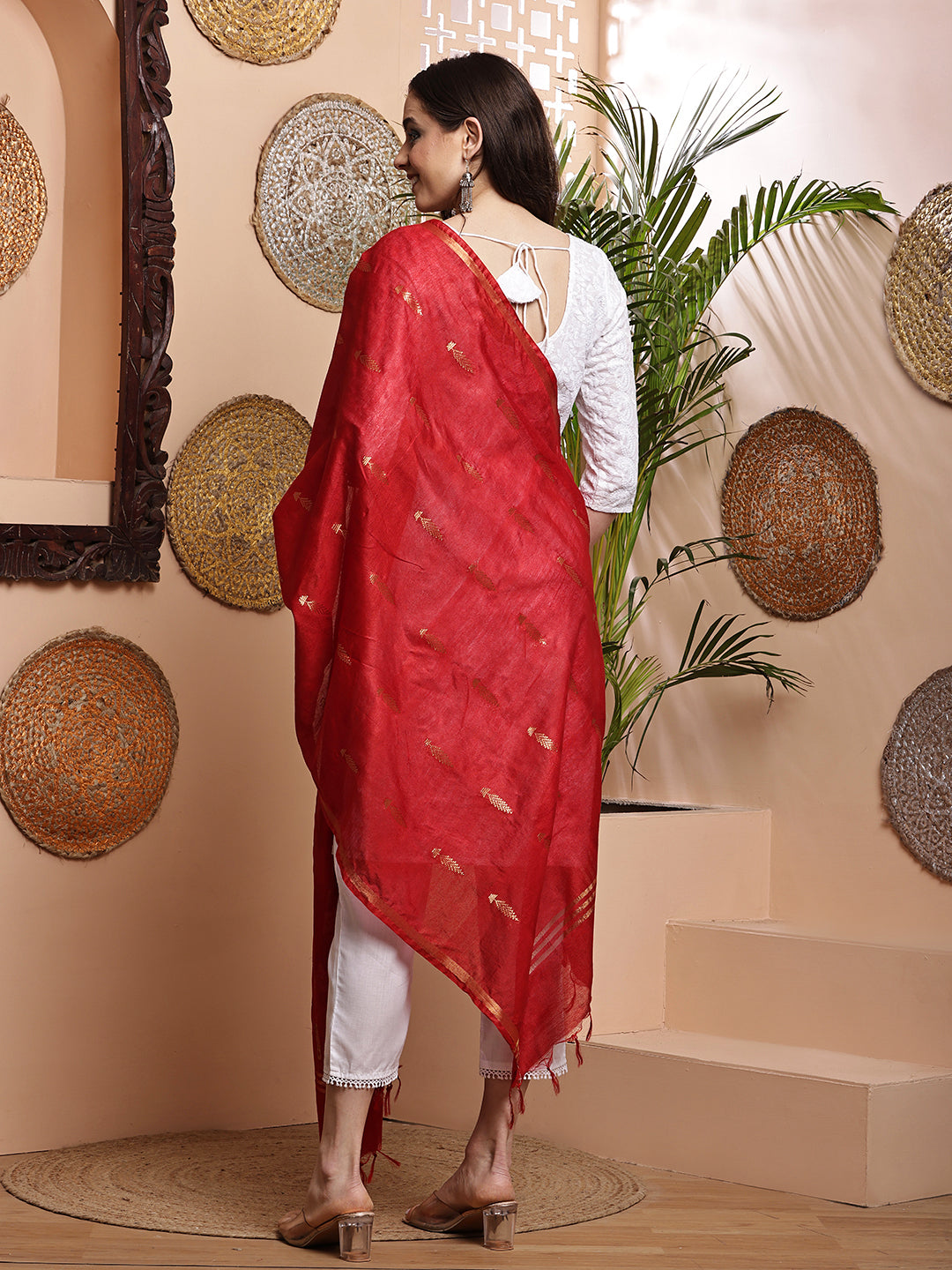 Dupatta- Cotton Viscose -Red Gold Zari-Tree