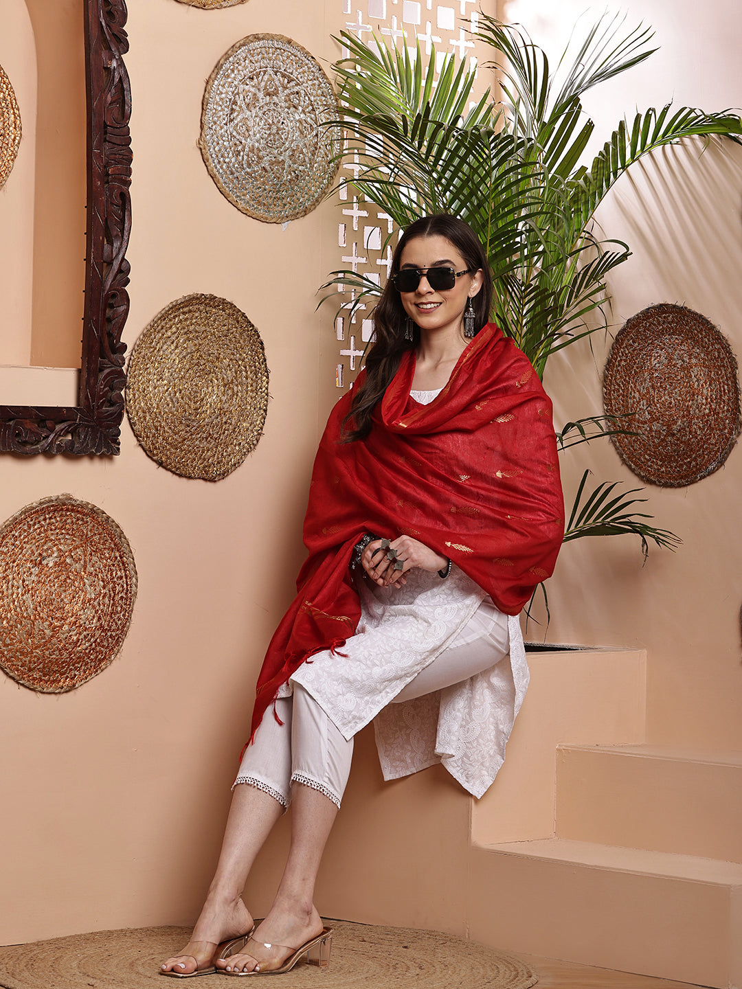 Dupatta- Cotton Viscose -Red Gold Zari-Tree