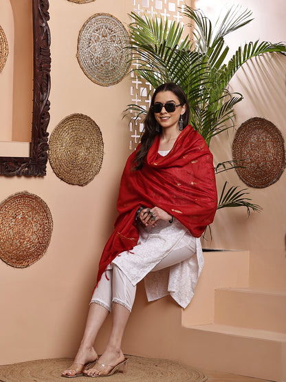 Dupatta- Cotton Viscose -Red Gold Zari-Tree