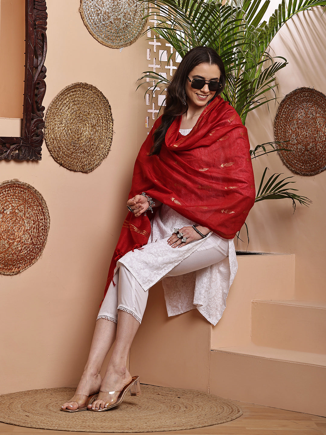 Dupatta- Cotton Viscose -Red Gold Zari-Tree