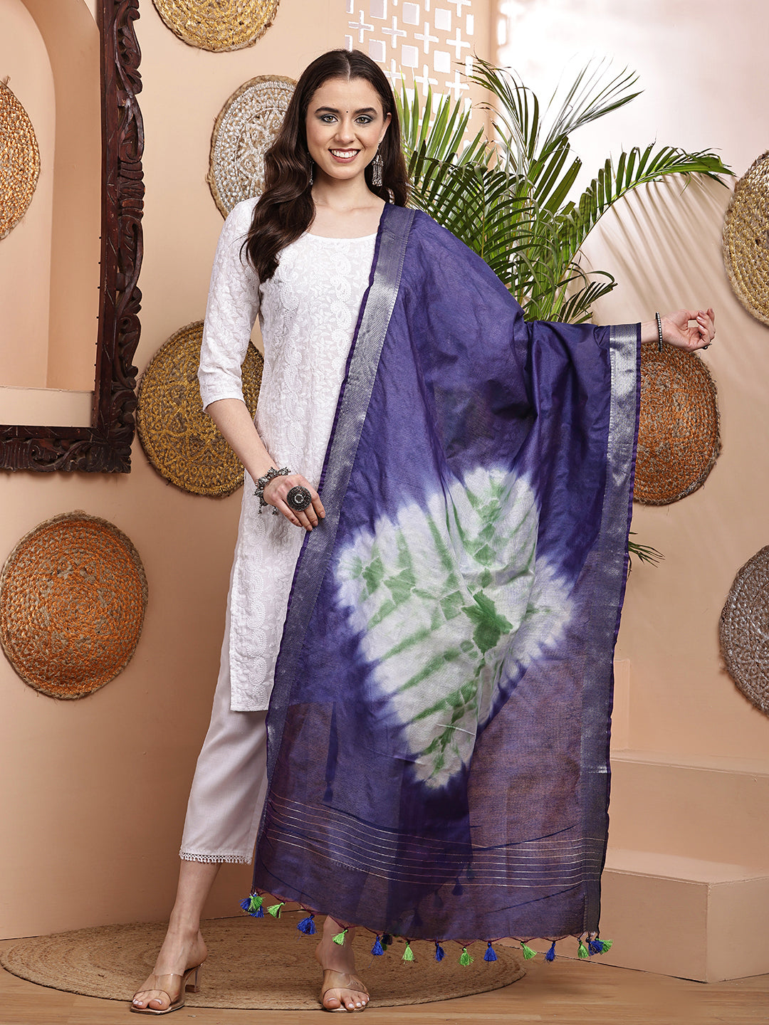 Dupatta- Shibori - Blue n White n Green