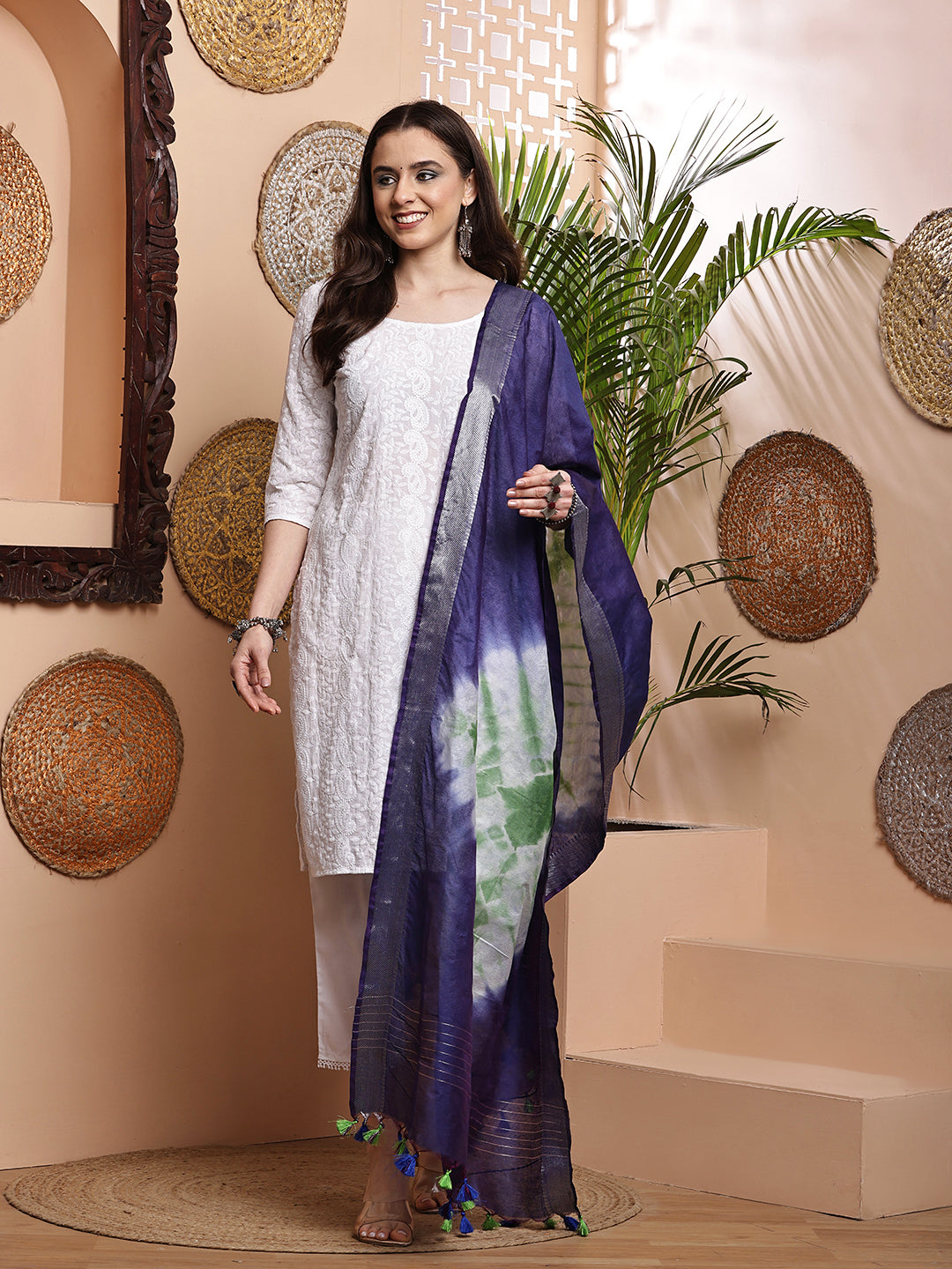 Dupatta- Shibori - Blue n White n Green