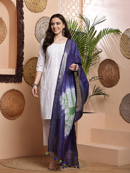 Dupatta- Shibori - Blue n White n Green