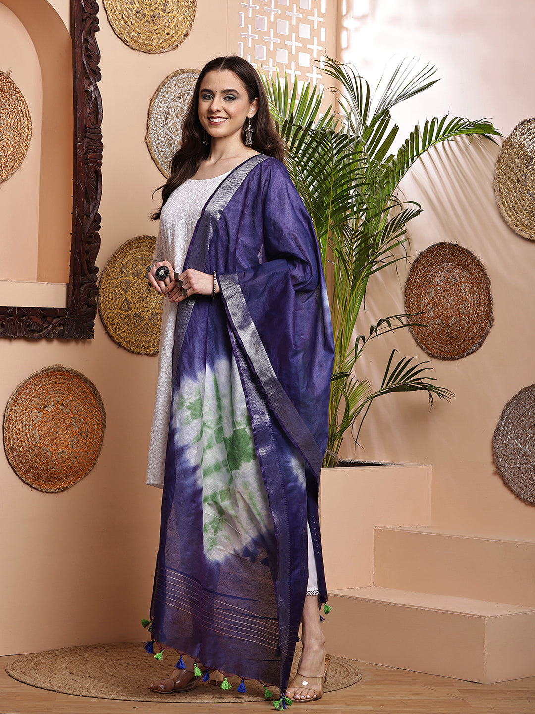 Dupatta- Shibori - Blue n White n Green