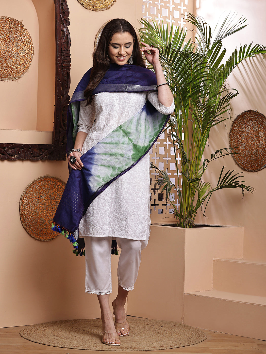 Dupatta- Shibori - Blue n White n Green