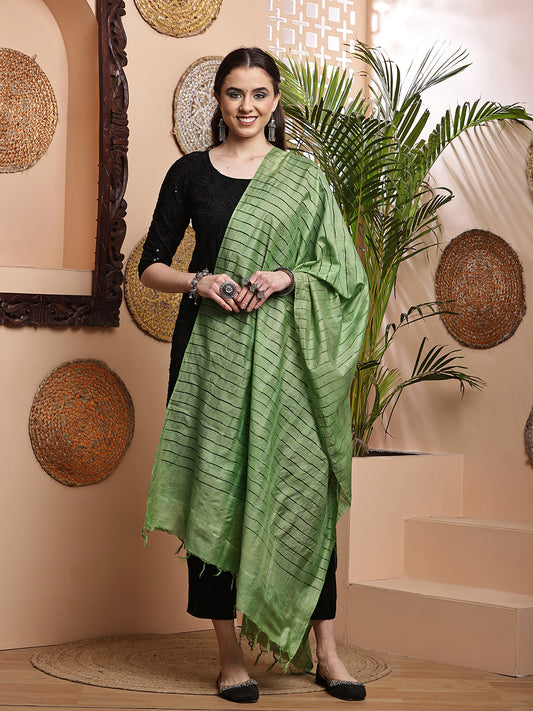Dupatta- Cotton Viscose Silk- Green Kantha Border