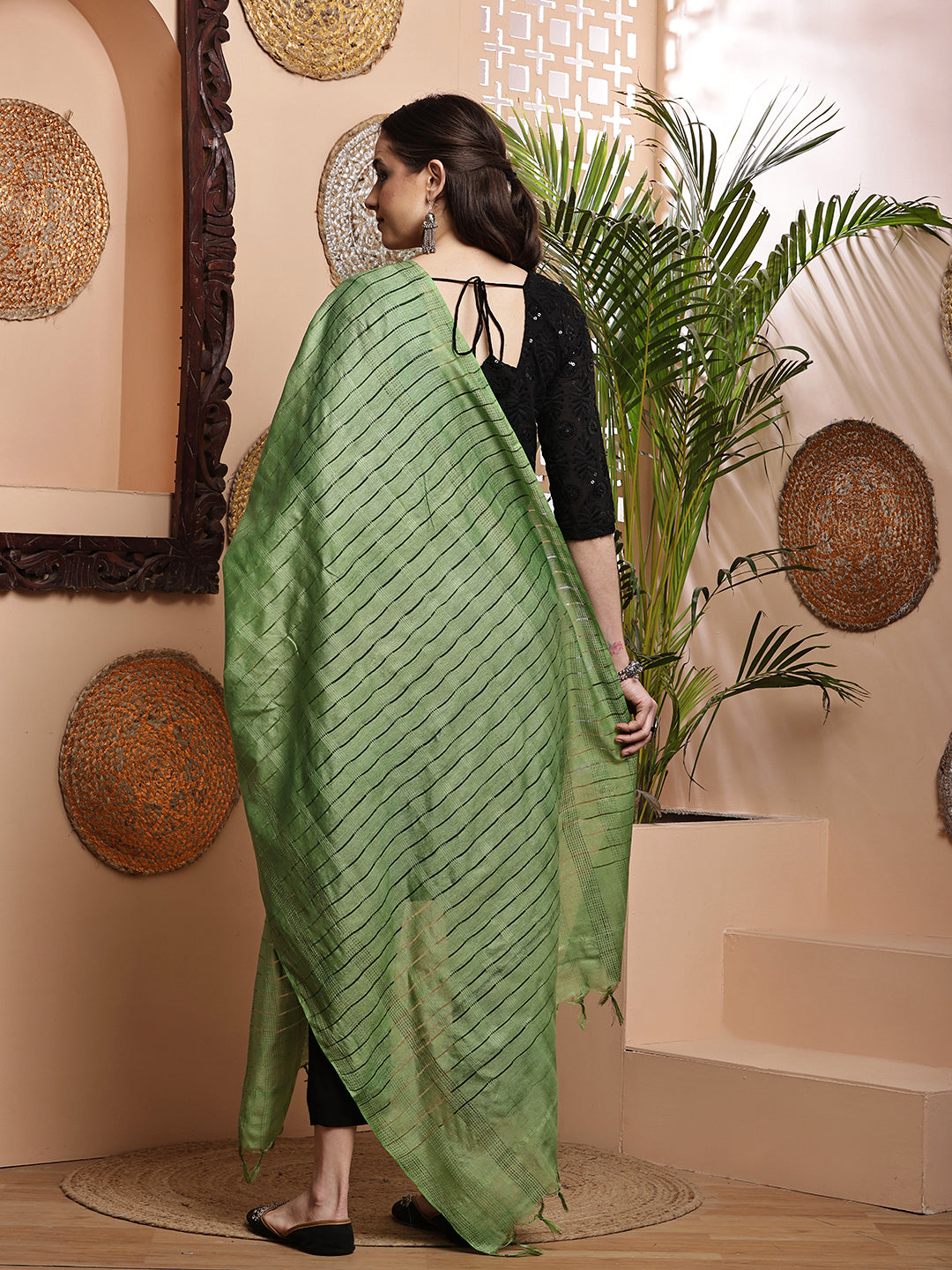Dupatta- Cotton Viscose Silk- Green Kantha Border