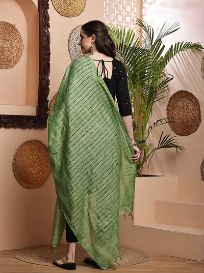 Dupatta- Cotton Viscose Silk- Green Kantha Border