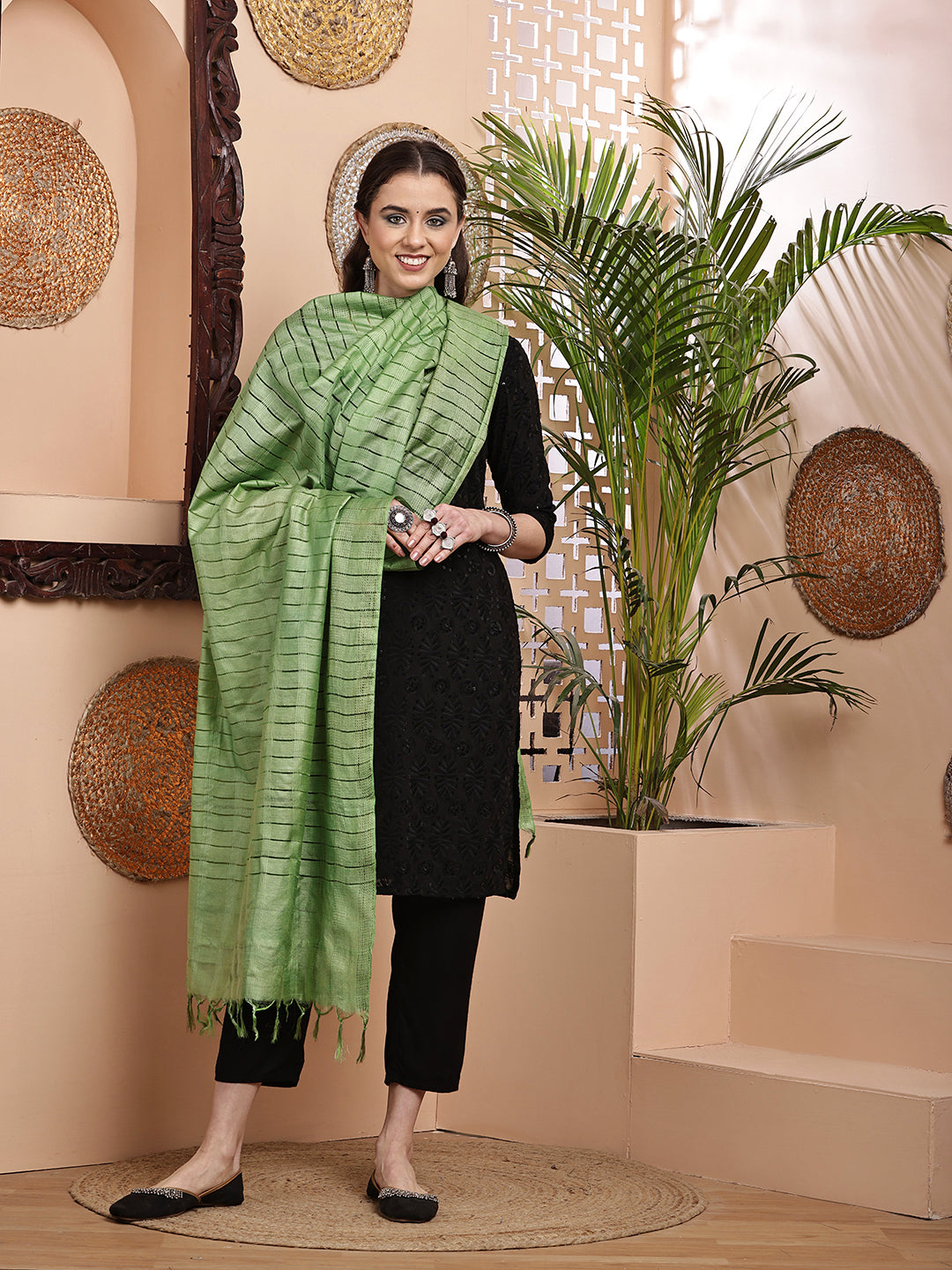 Dupatta- Cotton Viscose Silk- Green Kantha Border