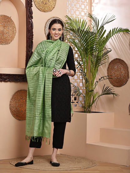 Dupatta- Cotton Viscose Silk- Green Kantha Border