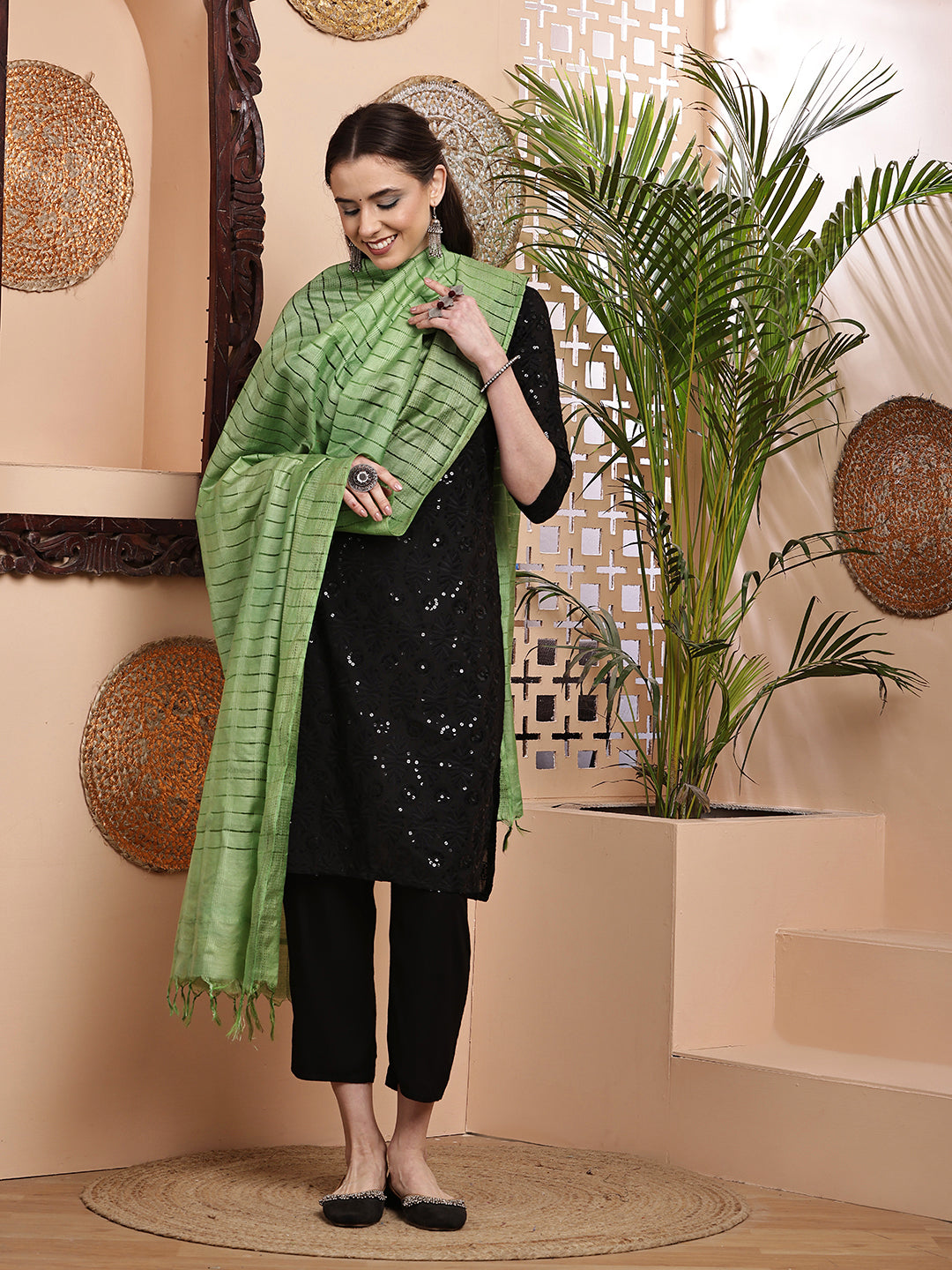 Dupatta- Cotton Viscose Silk- Green Kantha Border