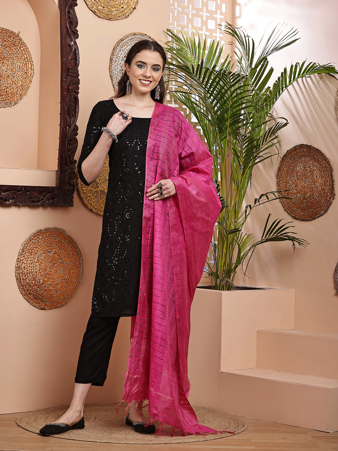 Dupatta- Cotton Viscose Silk- Rani Pink Kantha Border