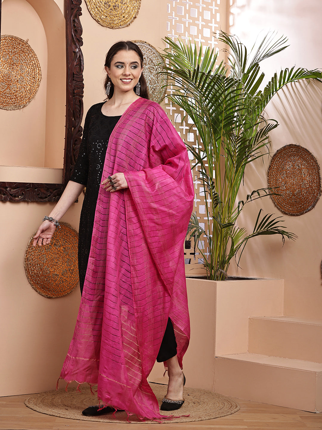 Dupatta- Cotton Viscose Silk- Rani Pink Kantha Border