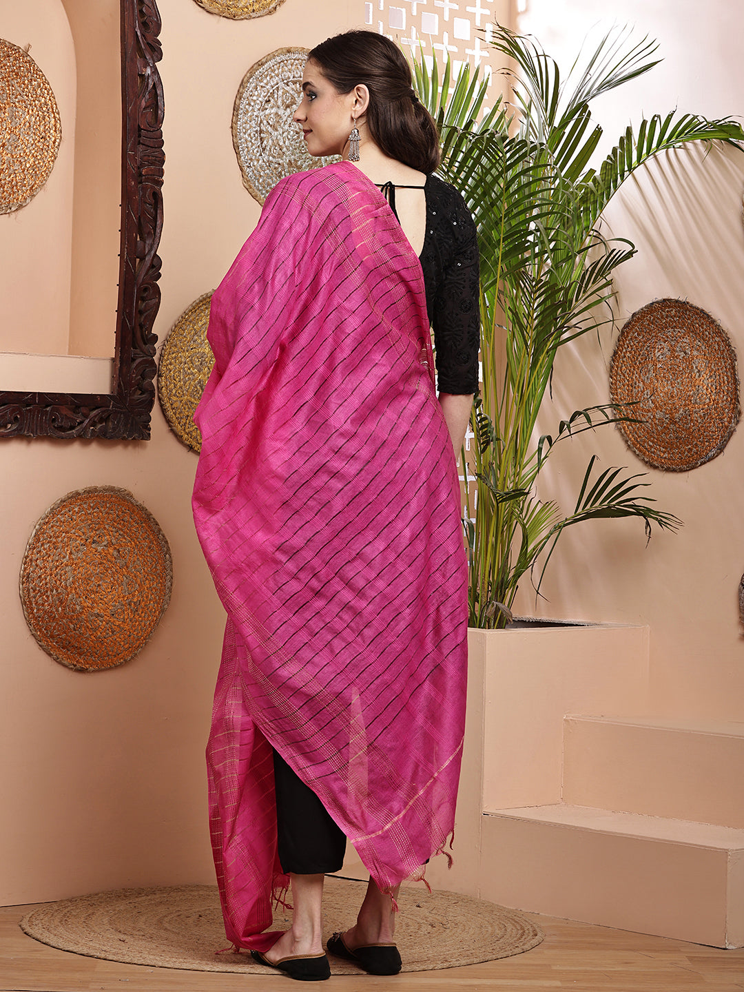 Dupatta- Cotton Viscose Silk- Rani Pink Kantha Border