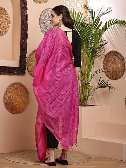 Dupatta- Cotton Viscose Silk- Rani Pink Kantha Border