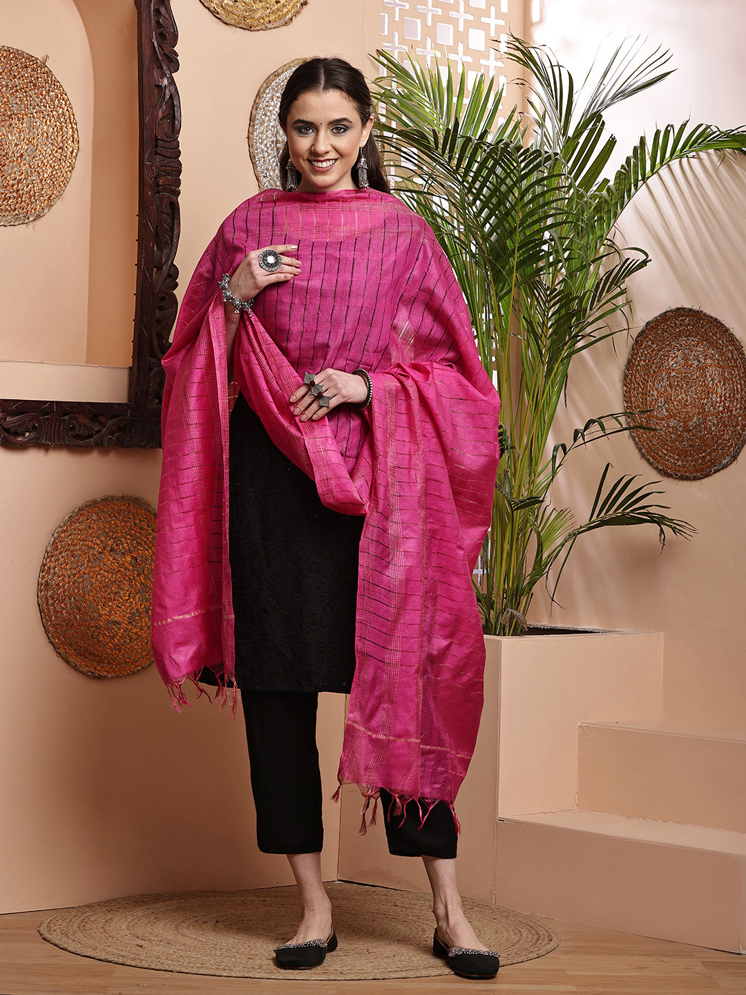 Dupatta- Cotton Viscose Silk- Rani Pink Kantha Border