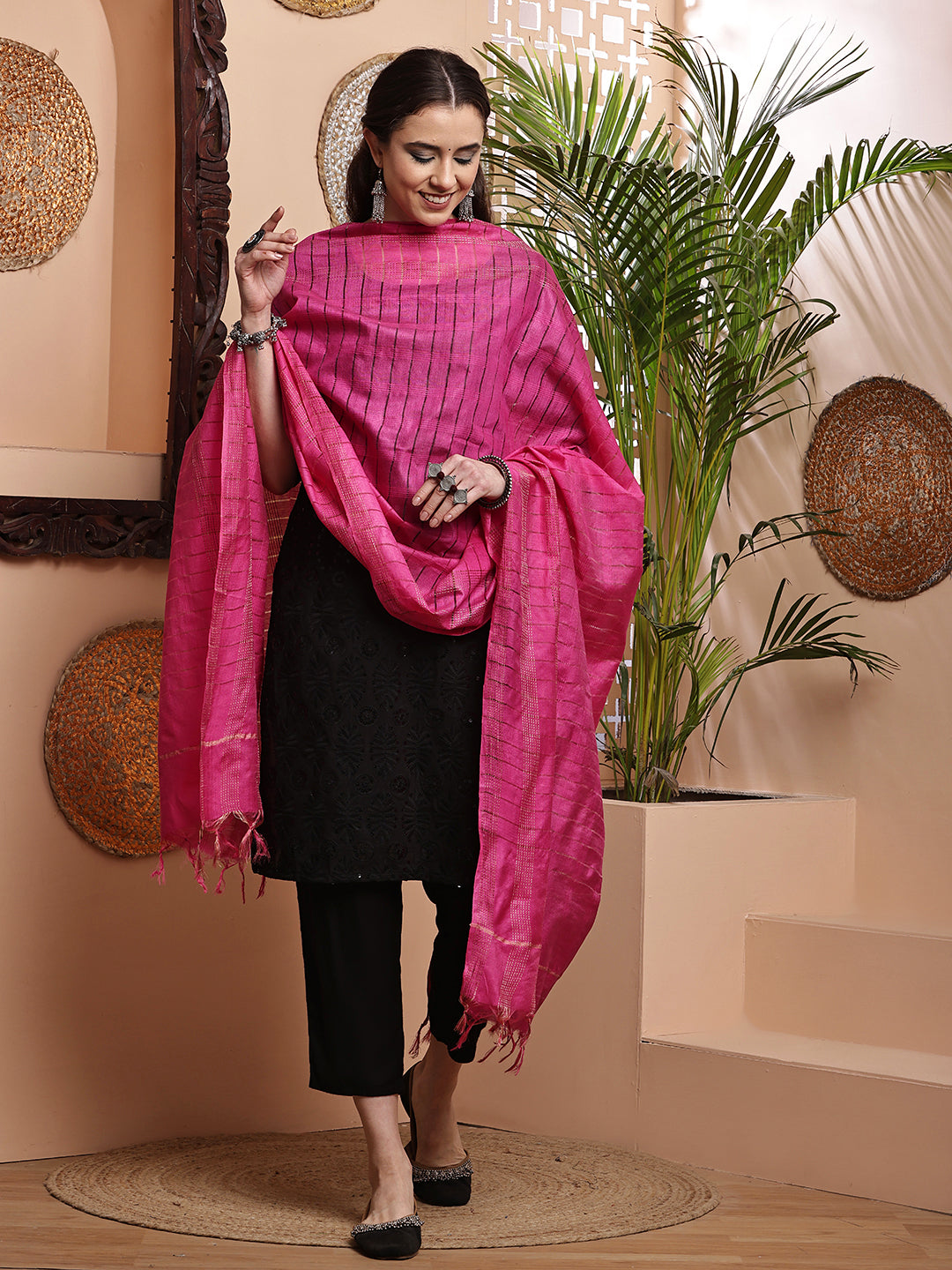 Dupatta- Cotton Viscose Silk- Rani Pink Kantha Border