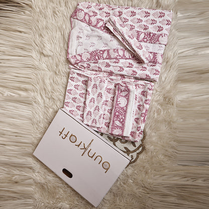 Luxury Waffle Cotton Bathrobe & Towel Gift Set – Handblock Print- Red Leaf