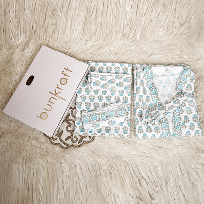 Luxury Waffle Cotton Bathrobe & Towel Gift Set – Handblock Print- Blue Tulip