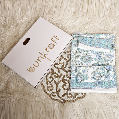 Luxury Waffle Cotton Bathrobe & Towel Gift Set – Handblock Print- Green Tropical