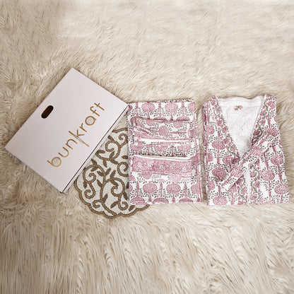 Luxury Waffle Cotton Bathrobe & Towel Gift Set – Handblock Print- Pink Flora