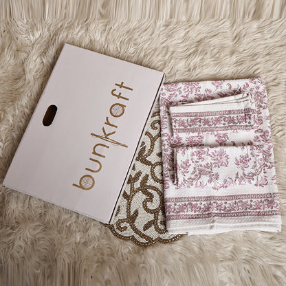 Luxury Waffle Cotton Bathrobe & Towel Gift Set – Handblock Print- Pink Bloom Combo