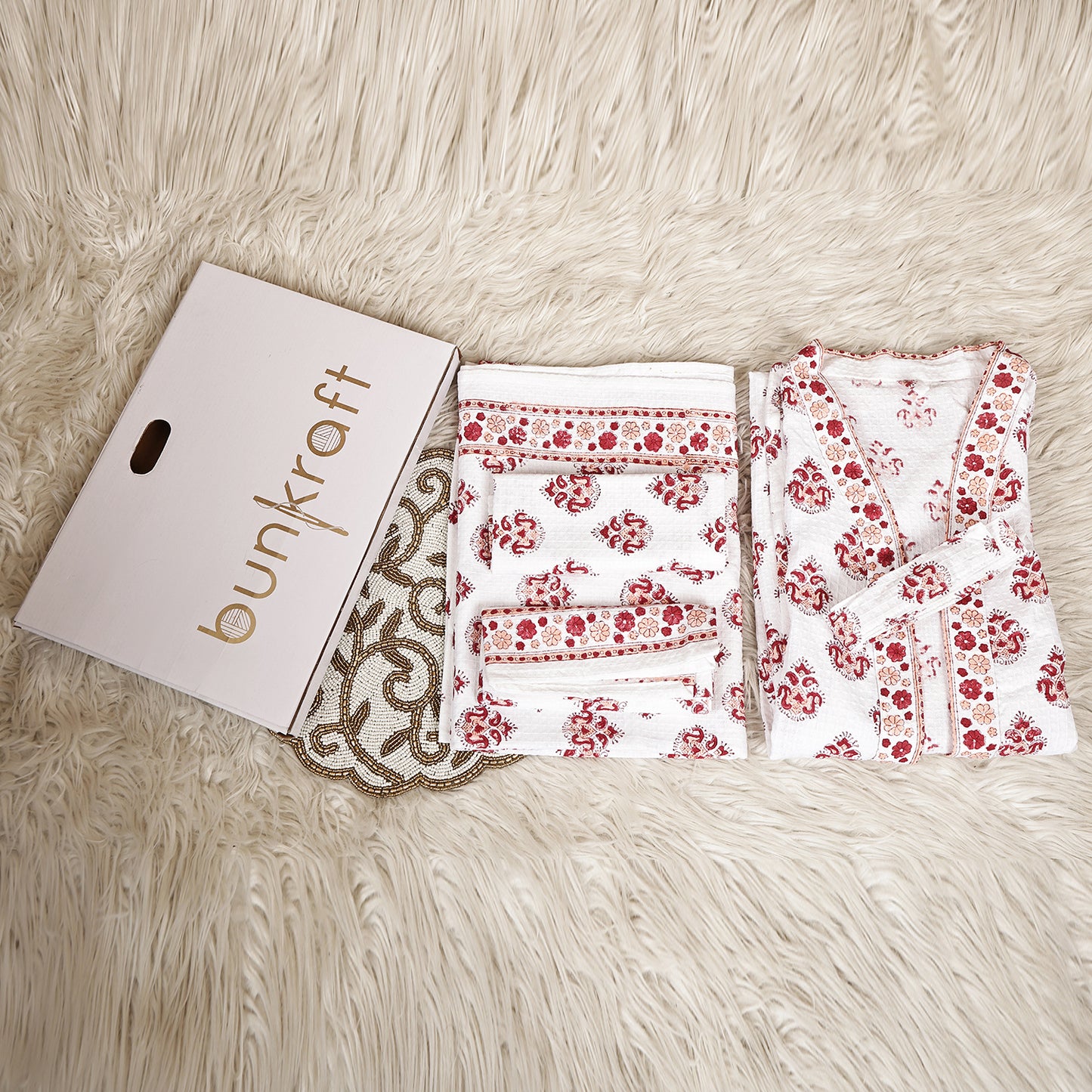 Luxury Waffle Cotton Bathrobe & Towel Gift Set – Handblock Print- Red Paisley