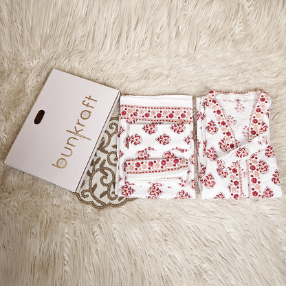 Luxury Waffle Cotton Bathrobe & Towel Gift Set – Handblock Print- Red Paisley