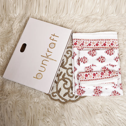 Luxury Waffle Cotton Bathrobe & Towel Gift Set – Handblock Print- Red Paisley