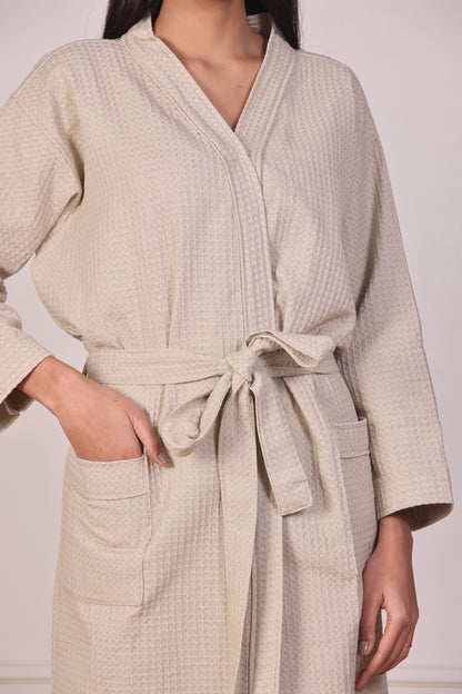 Waffle Cotton Bathrobe-Caramel Cream
